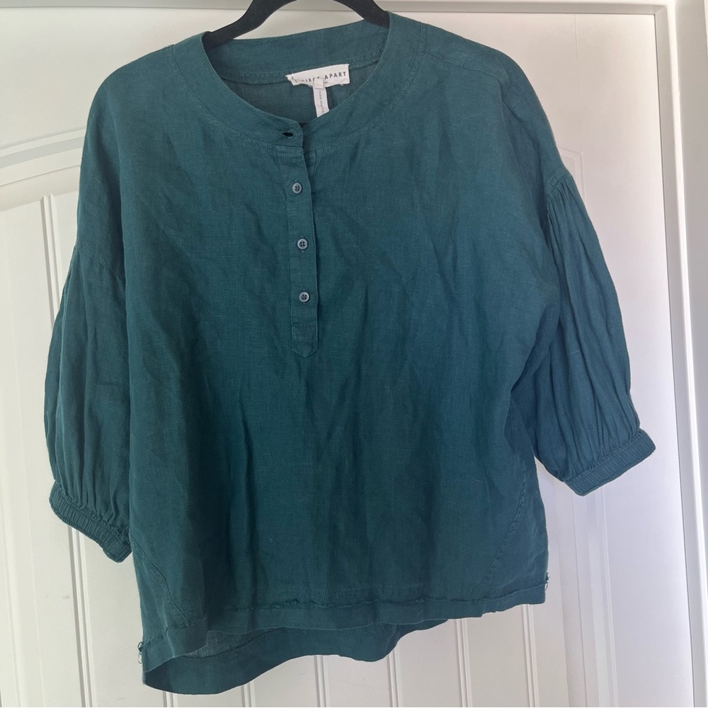 APIECE APART Shirt Delia Tee 100% Linen Puff Short Sleeve Button XS Green/Blue